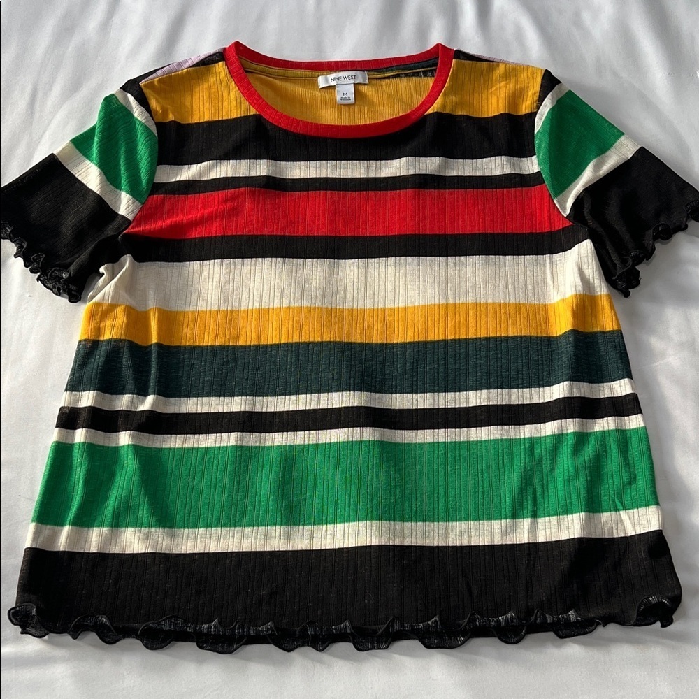 Nine West Striped Lettuce Edge Short Sleeve Top